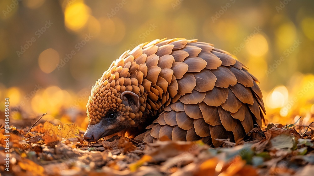 Fototapeta premium Pangolin curled on autumn leaves, backlit by golden sunlight