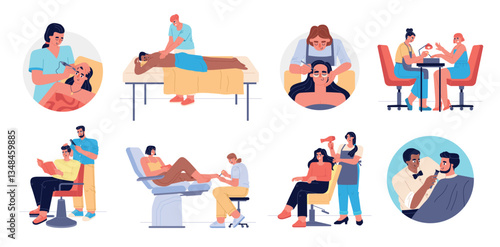 Beauty treatments center. Spa salon visitors, body care procedures, happy people do relaxation, massage, pedicure and manicure, vector set