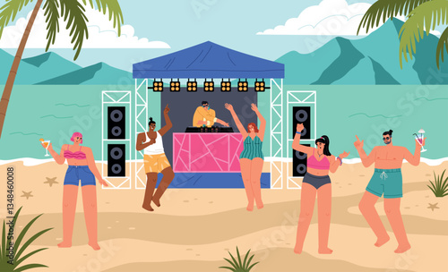 Happy people at beach party. Dj puts electronic music on seashore, outdoor summers discotheque, sunny open air festival, vector illustration