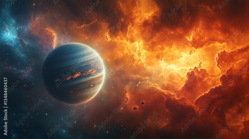 Majestic Gas Giant Planet Orbiting Fiery Nebula Space Exploration Cosmic Scene Majestic Gas Giant Planet Orbiting Fiery Nebula Space Exploration Cosmic Scene