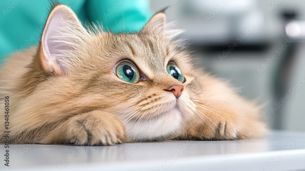 Fototapeta premium Attentive Siberian Cat Undergoing Veterinary Checkup - Close-Up of Adorable Feline Observing with Striking Blue-Green Eyes
