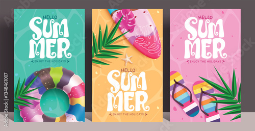 Hello summer abstract background clipart poster set. Hello summer greeting text in colorful tropical background with inflatable floaters