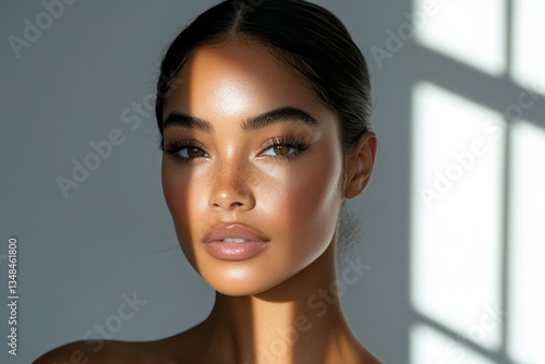 Beautiful woman face in studio light highlighting flawless skin