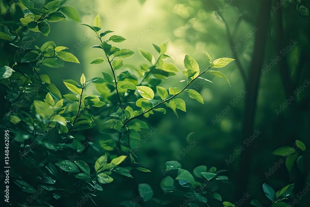 Fresh Green Leaves Growing in a Lush Forest with Soft Light