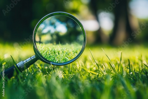 Fototapeta Naklejka Na Ścianę i Meble -  Magnifying glass highlighting green grass in a sunny park.