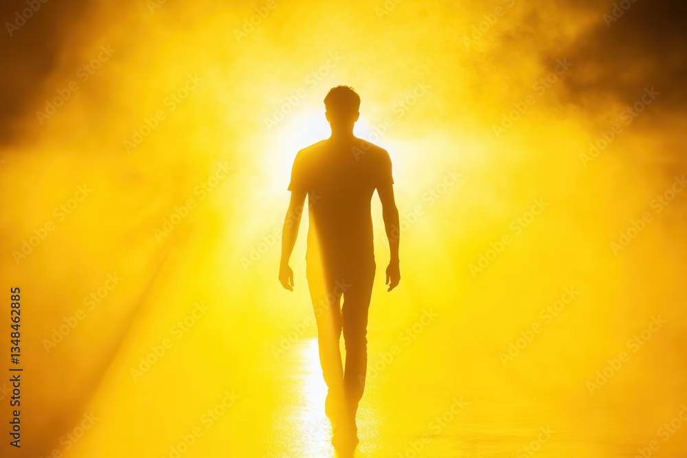Obraz premium Silhouette of a man walking into a bright yellow light.