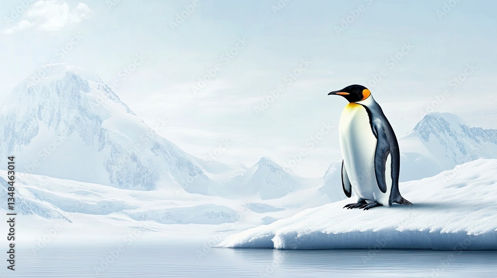 Naklejka premium Lone Penguin Standing on Ice Floe in Antarctica Scenic Landscape