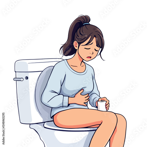 Vsai young woman suffering from stomach ache while sitting on toilet
