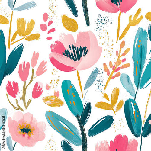 Modern hand-drawn illustration of a pink, teal, and gold floral pattern on a white background, creating a seamless wallpaper design with visible brush strokes