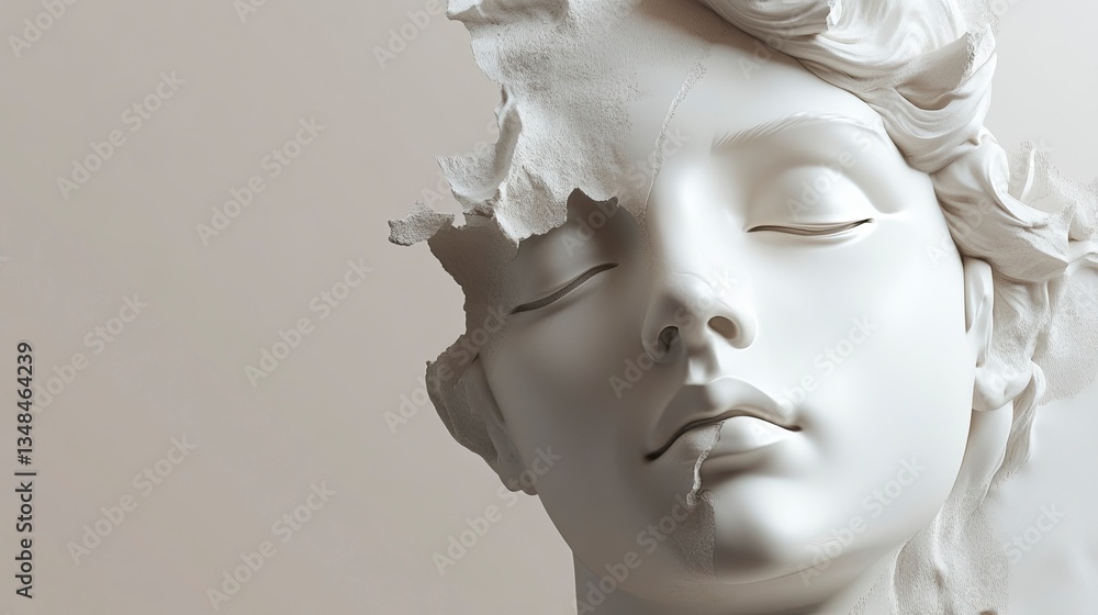White Statue Head with Fragmented Texture and Serene Expression