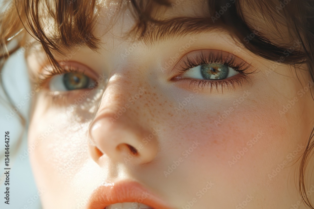 Fototapeta premium Close up shot shows a girl with blue green eyes