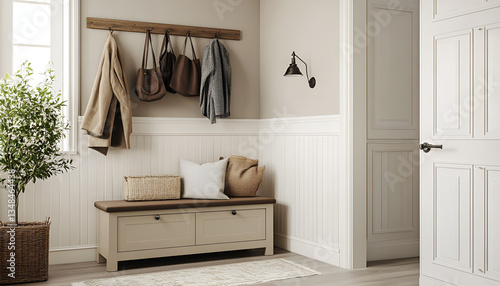 Coat rack, cabinet and shoe storage bench in hallway. Interior design