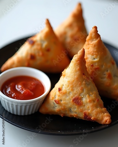 Lifelike Samosas with Crispy Texture and Red Sauce Softly Lit.