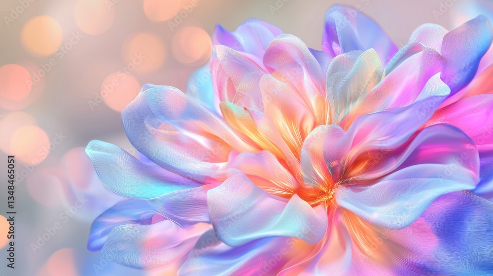 A futuristic abstract flower with holographic petals, shimmering iridescent colors, soft focus background, light refractions, vibrant neon energy A futuristic abstract flower with holographic petals, shimmering iridescent colors, soft focus background, light refractions, vibrant neon energy