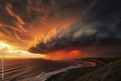 A large cloud formation over a beach with a large wave in the background.