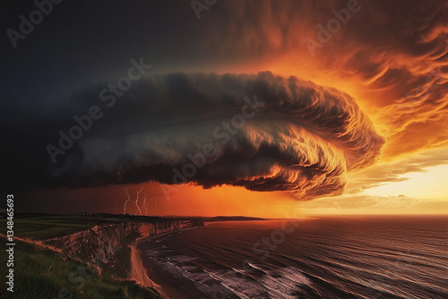 A storm cloud over a beach with a large storm cloud in the sky.