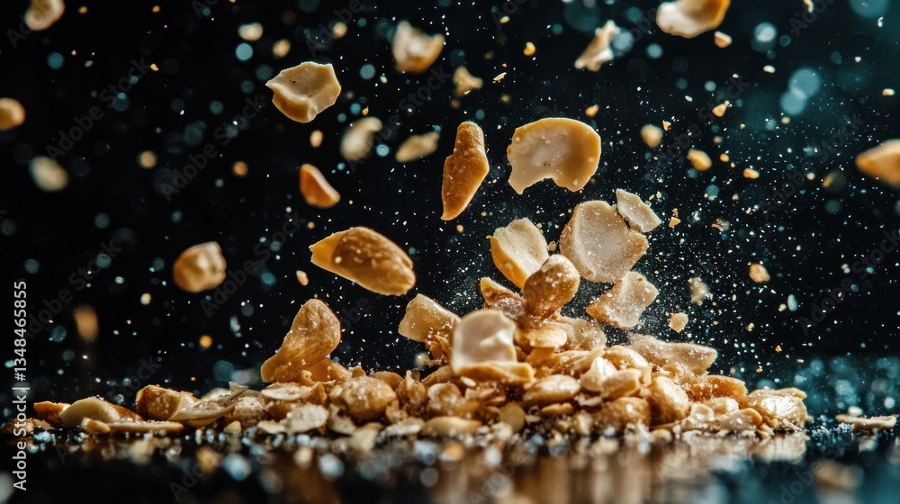 Fototapeta premium Cashew pieces exploding in the air on a dark background