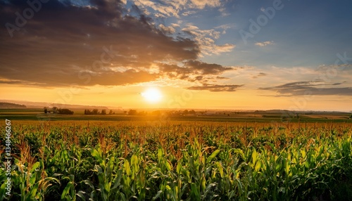 sunset over lush cornfields with golden hues illuminating the horizon and crops during the harvest season