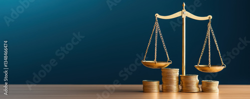 A golden balance scale stands tall above stacks of coins, symbolizing justice and financial matters against a serene blue background.