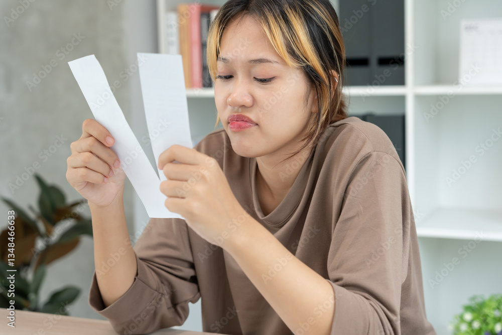 Stressed and headache asian woman with large bills or invoices no money to pay to expenses and credit card debt. shortage, Financial problems, mortgage, loan, bankruptcy, bankrupt, poor, empty wallet Stressed and headache asian woman with large bills or invoices no money to pay to expenses and credit card debt. shortage, Financial problems, mortgage, loan, bankruptcy, bankrupt, poor, empty wallet