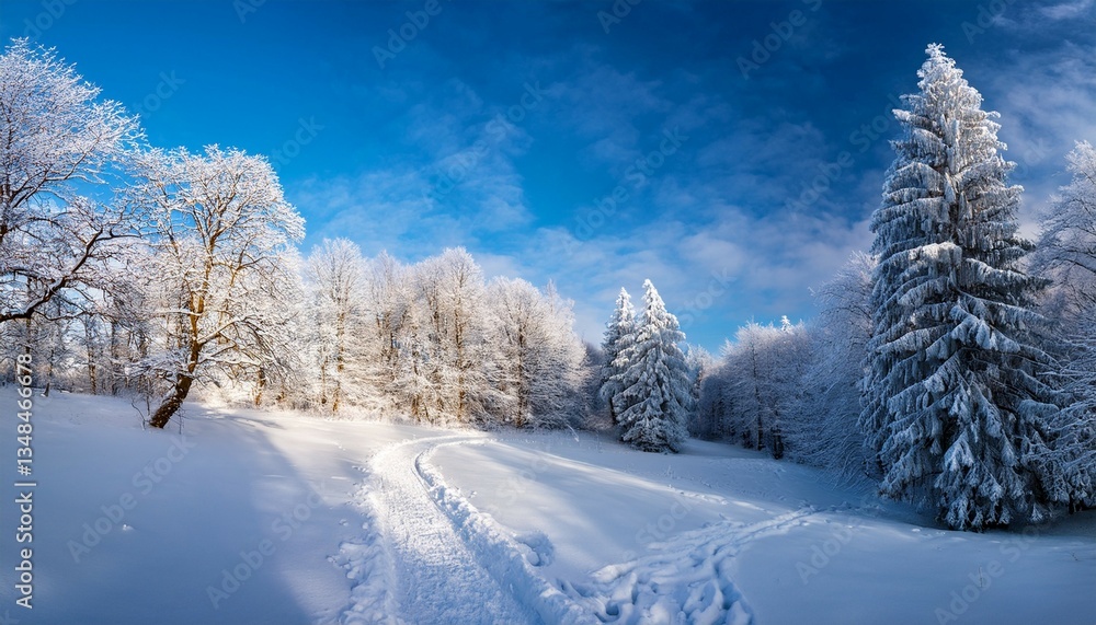 winter landscape with snow covered trees and winding path under a bright blue sky winter landscape with snow covered trees and winding path under a bright blue sky