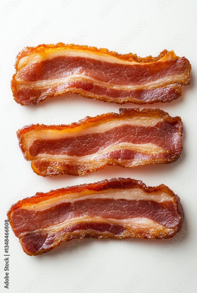 Delicious Crispy Bacon Strips on White Background Showcasing Juicy Texture and Rich Color for Food Photography or Culinary Uses Delicious Crispy Bacon Strips on White Background Showcasing Juicy Texture and Rich Color for Food Photography or Culinary Uses