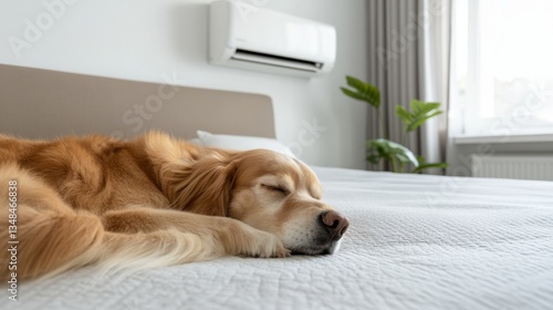 Golden retriever sleeping peacefully on a cozy bed with Air conditioner in a bright room enjoying comfort and tranquility in a modern home environment with natural light