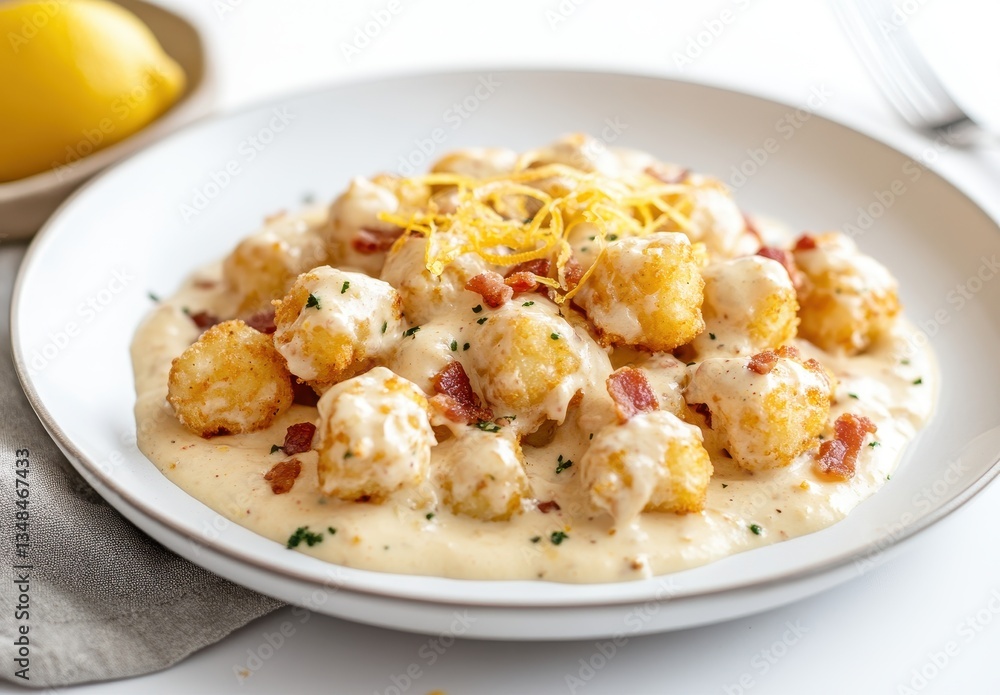 Delicious Crispy Tater Tots Served with Creamy Parmesan Sauce, Crispy Bacon, and Fresh Lemon Zest for an Irresistible Comfort Food Dish Delicious Crispy Tater Tots Served with Creamy Parmesan Sauce, Crispy Bacon, and Fresh Lemon Zest for an Irresistible Comfort Food Dish