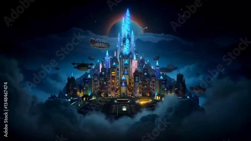 Majestic Floating City in the Clouds: Glowing Crystal-Powered Metropolis with Airships, Magical Creatures, and a Mysterious Eclipse in 4K