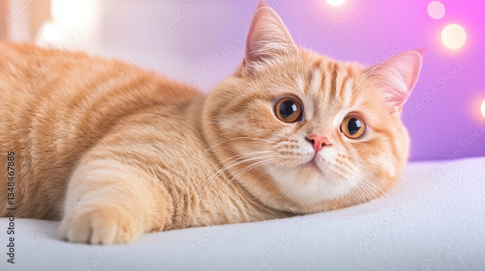 Orange Tabby Cat Resting Comfortably on White Surface with Soft Purple Background Lighting Orange Tabby Cat Resting Comfortably on White Surface with Soft Purple Background Lighting