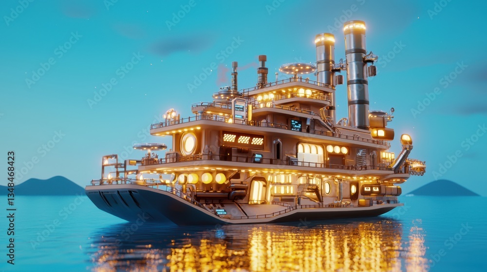 Fototapeta premium A massive floating steampunk base powered by giant turbines, AI controlled navigation panels, brass and copper surfaces glowing under the neon lit sky