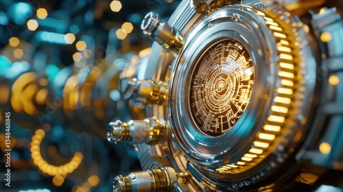 A massive steampunk quantum computer with glowing vacuum tubes, floating holograms displaying mystical symbols, brass gears humming with futuristic energy