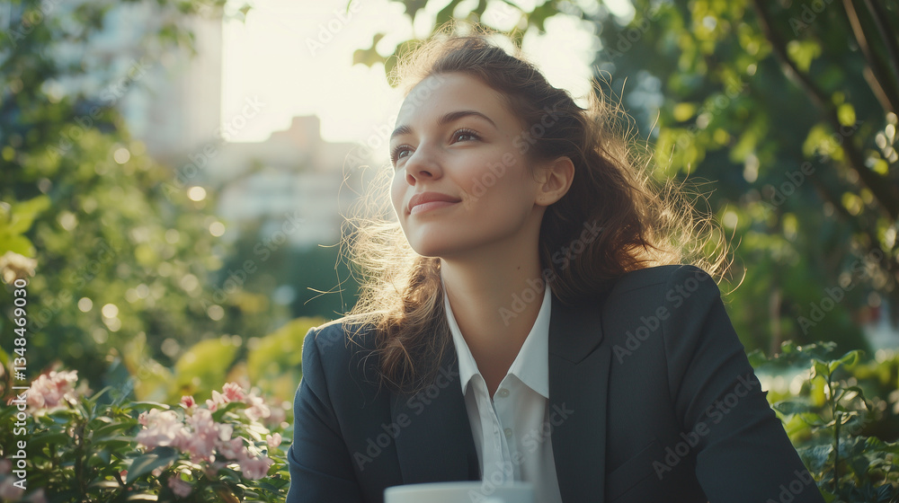 woman in business suit enjoys serene moment outdoors, surrounded by lush greenery and flowers, with cityscape in background. She appears content and thoughtful woman in business suit enjoys serene moment outdoors, surrounded by lush greenery and flowers, with cityscape in background. She appears content and thoughtful