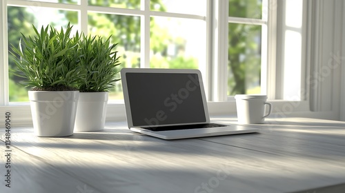 Laptop on a wooden table near a window, plants and coffee cup, working or studying indoors