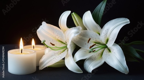 "Candle and White Lily on Black Background with Copy Space"