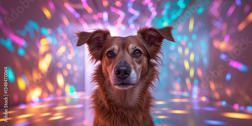 Mysterious dog in colorful chaos with abstract lighting for creative design.