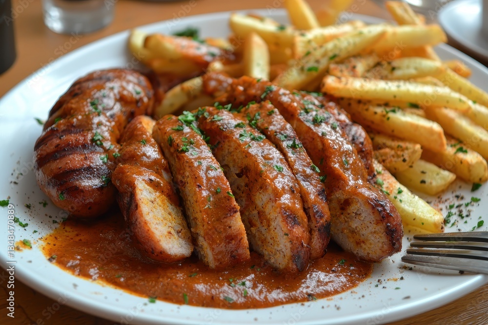 Currywurst (Germany) A plate of sliced bratwurst smothered in a tangy curry ketchup sauce Currywurst (Germany) A plate of sliced bratwurst smothered in a tangy curry ketchup sauce