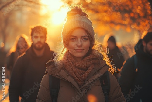 Group of African migrants walking together during golden hour light amidst desperate journey for safety photo