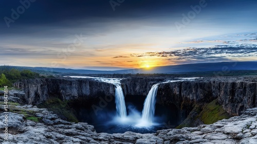 Majestic Sunset Twin Waterfalls Landscape  High Resolution Nature Photography
