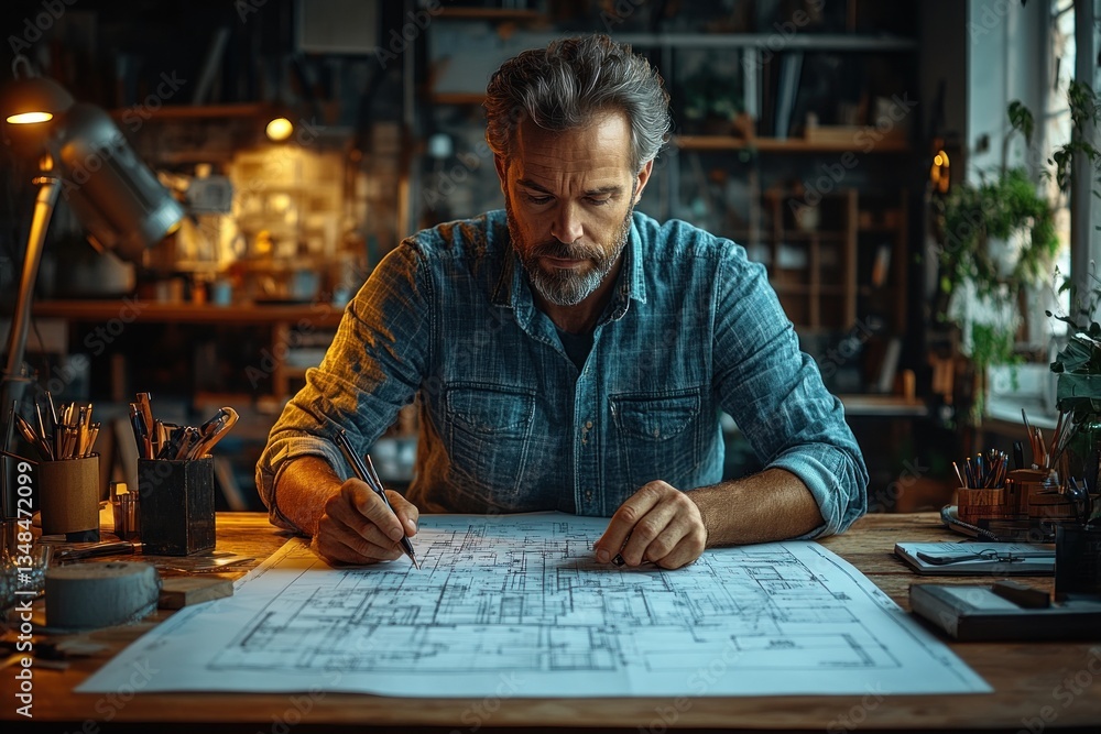 Architect Creating Wind Turbine Design Plans in Studio with Detailed Blueprint Architect Creating Wind Turbine Design Plans in Studio with Detailed Blueprint