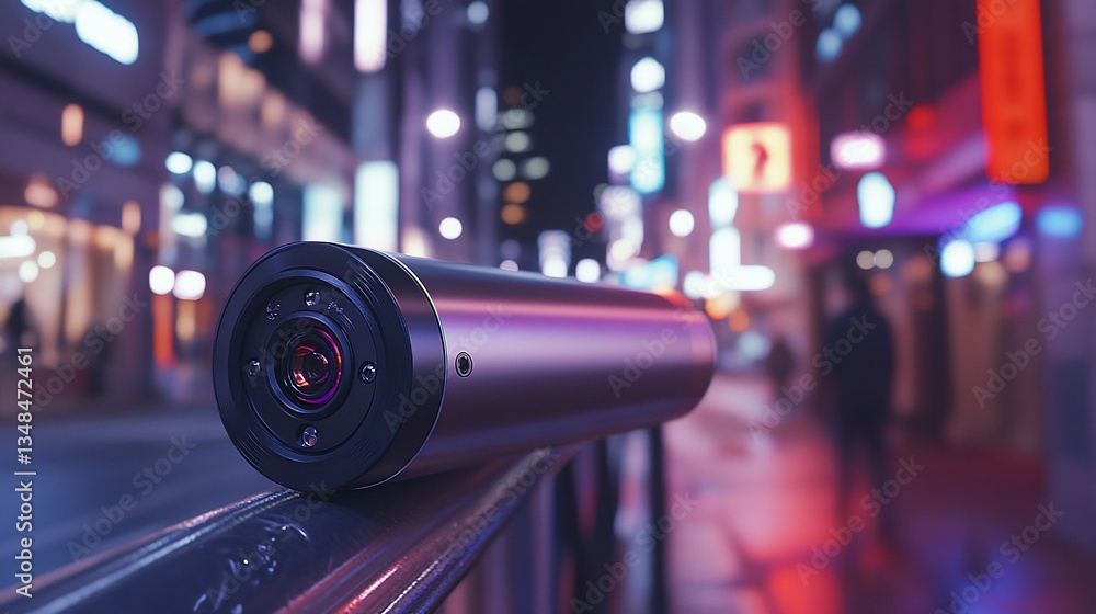 Sleek security camera on city street at night Sleek security camera on city street at night