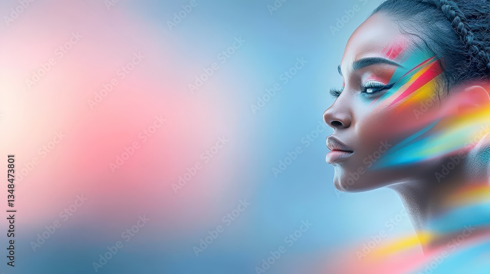 Naklejka premium Woman with Vibrant Tribal Makeup Colorful Portrait Artistic Beauty