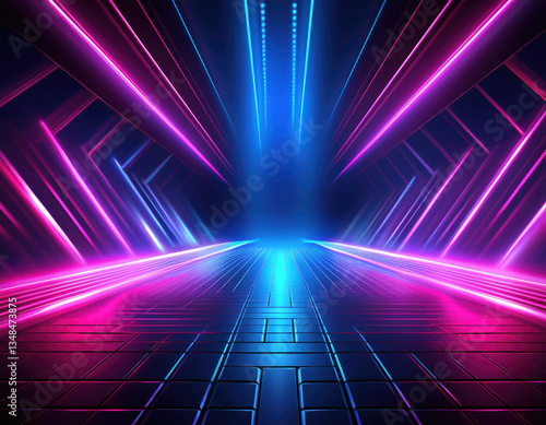 Abstract game background with blue pink light. Suit for sport and gaming competition. 3d technology abstract neon light background. Empty space scene, spotlight, dark night