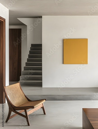 Interior scene depicts staircase chair and modern square wall art