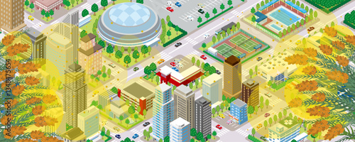 スギ花粉が舞う街並みのイラスト. アイソメ図.