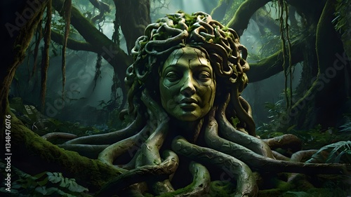 A Medusa head statue fused into the roots of a giant ancient tree, with her serpents extending out like vines, glowing faintly green in the darkness of an enchanted forest,Generative Ai
