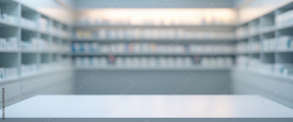 An empty white table on a blurry pharmacy background An empty white table on a blurry pharmacy background