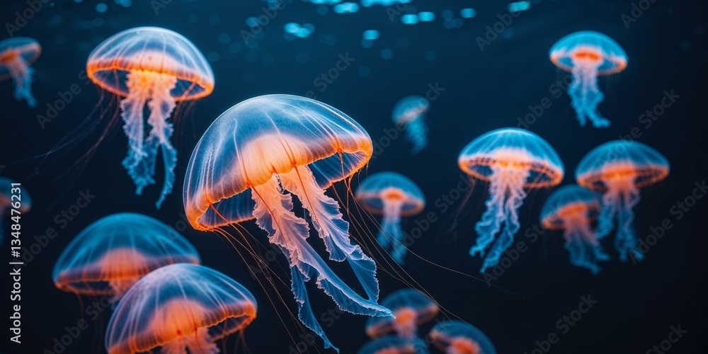 Naklejka premium Glowing Orange and Blue Jellyfish in Dark Underwater Setting.