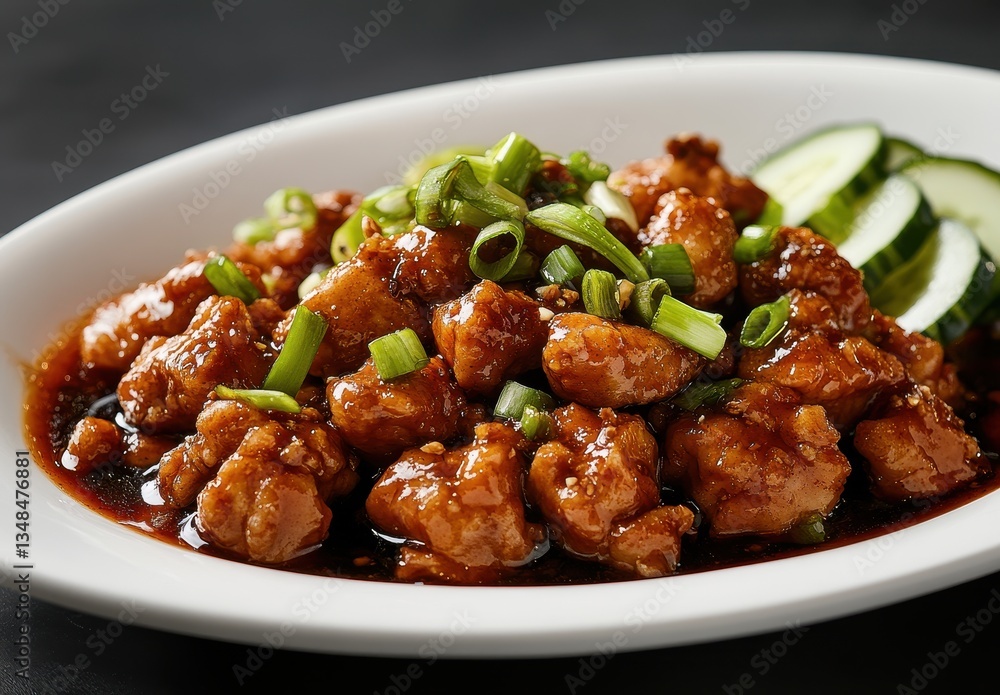 Delicious orange chicken dish garnished with green onions and served with cucumber slices on a white plate against a dark background Delicious orange chicken dish garnished with green onions and served with cucumber slices on a white plate against a dark background