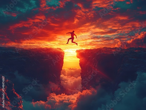 Silhouetted figure leaping across a gap between cliffs at sunset